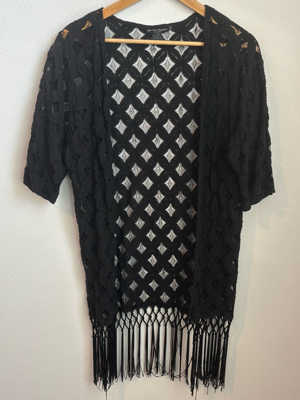 Black Crochet Cotton Lace Fringe Kimono Cardigan Cover Up Size M Made in USA